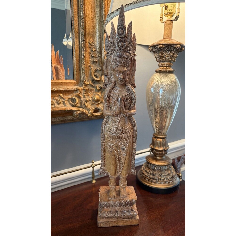 Vintage Cambodian Apsara Wooden Statues Figurine Hand Carved Female Spirit 20"